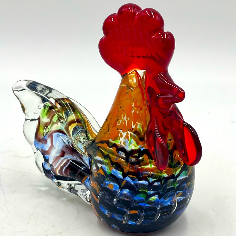 Gorgeous Designs: Handblown Multi Colored Art Glass Rooster Paperweight Figurine
